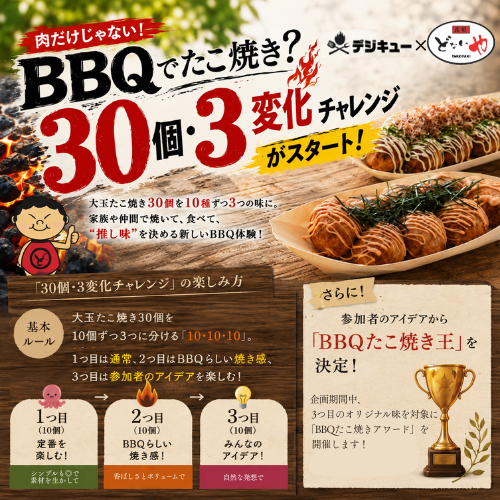 【2026年8月1日（土）～9月30日（水）】	デジキュー×元祖どないや「BBQたこ焼き30個・3変化チャレンジ」